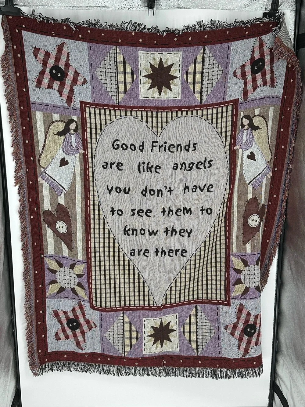 Collections Etc Primitive Country Angel Tapestry Throw Blanket 48x60 Fringe NWT